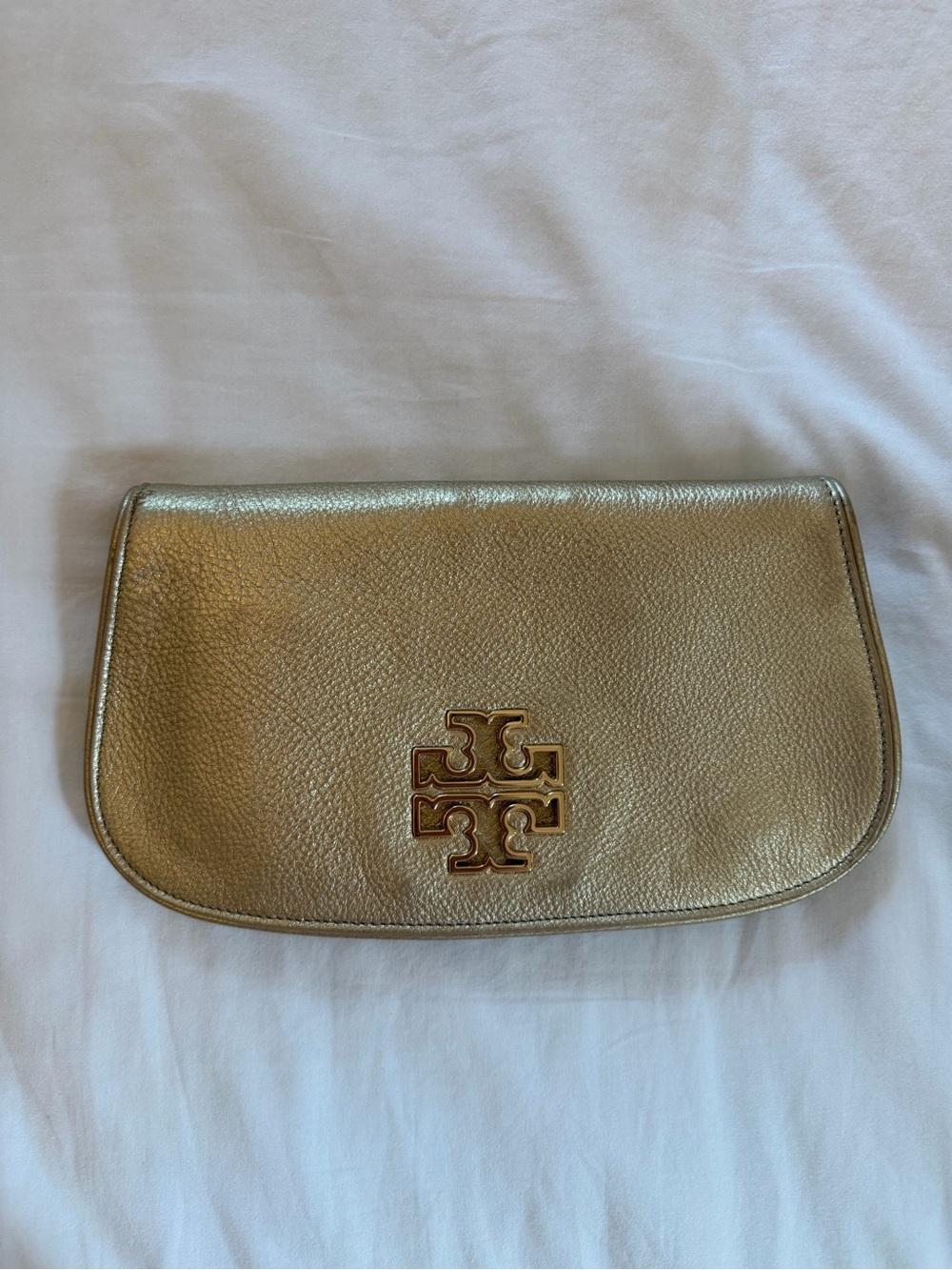 Tory Burch Shiny Gold Leather Logo Clutch